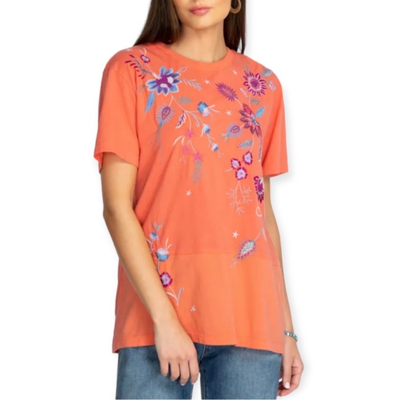 JOHNNY WAS Phoebe Short Sleeve Relaxed Tee Living Coral Embroidered TShirt - Picture 4 of 9